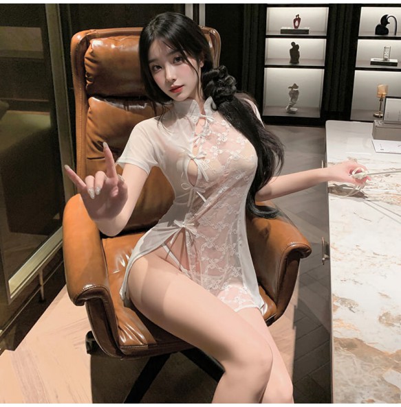 FEE ET MOI - Sexy Lace Splicing See-Through Cheongsam (White)